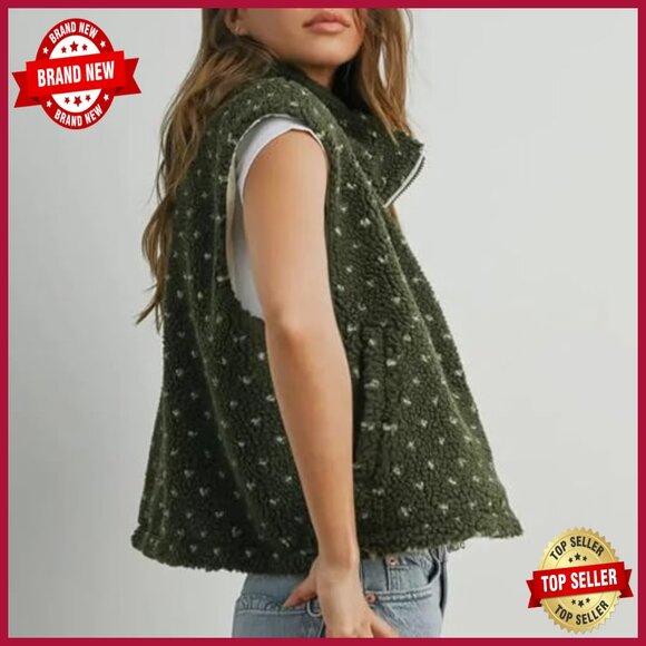 Large Polka Dot Fleece Vest Women Sleeveless High Neck Zipper Loose Fit - Picture 5 of 7